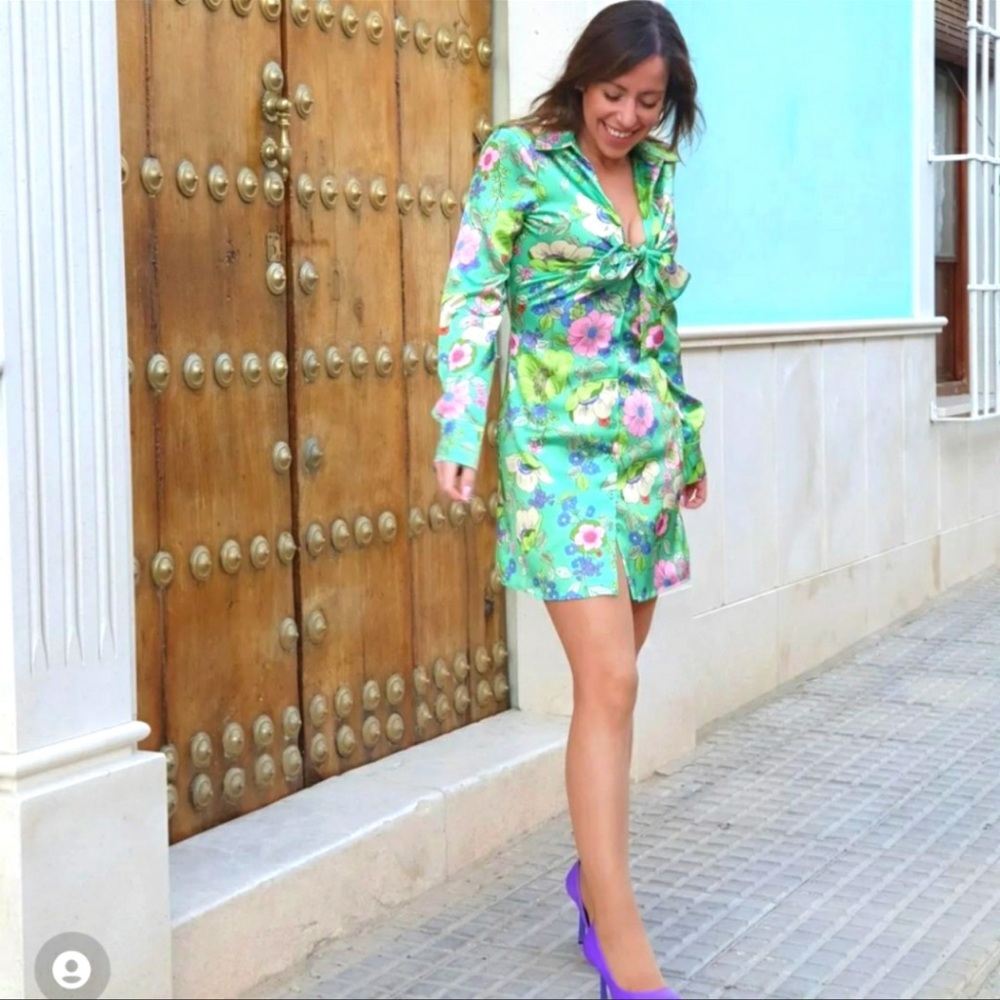ZARA BLOGGERS FAV SATIN EFFECT PRINT DRESS ~ green